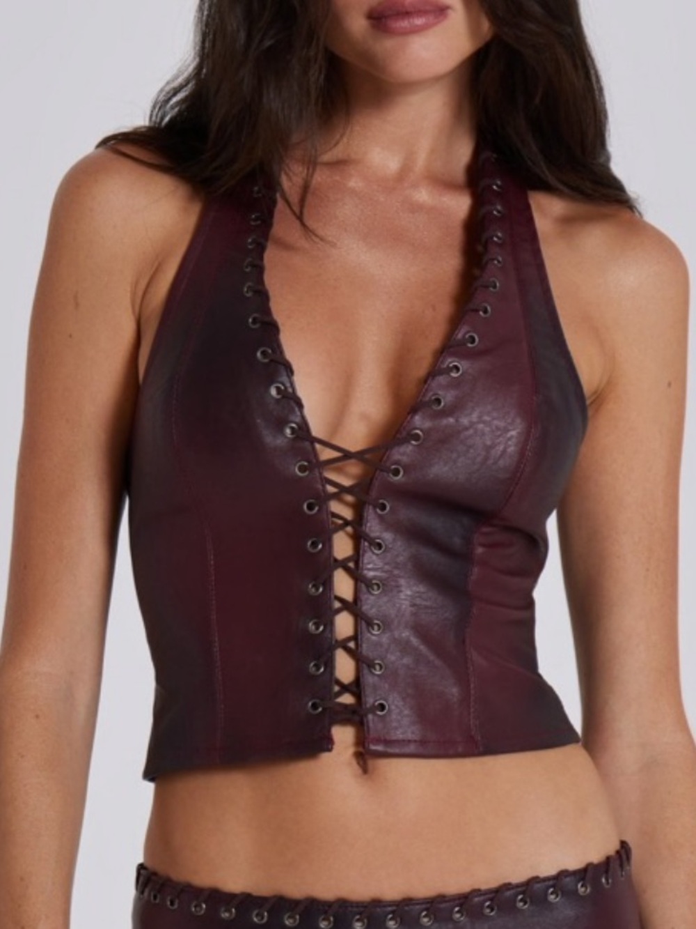 Jaded London Burgundy Lace-Up Leather Halter Crop Top